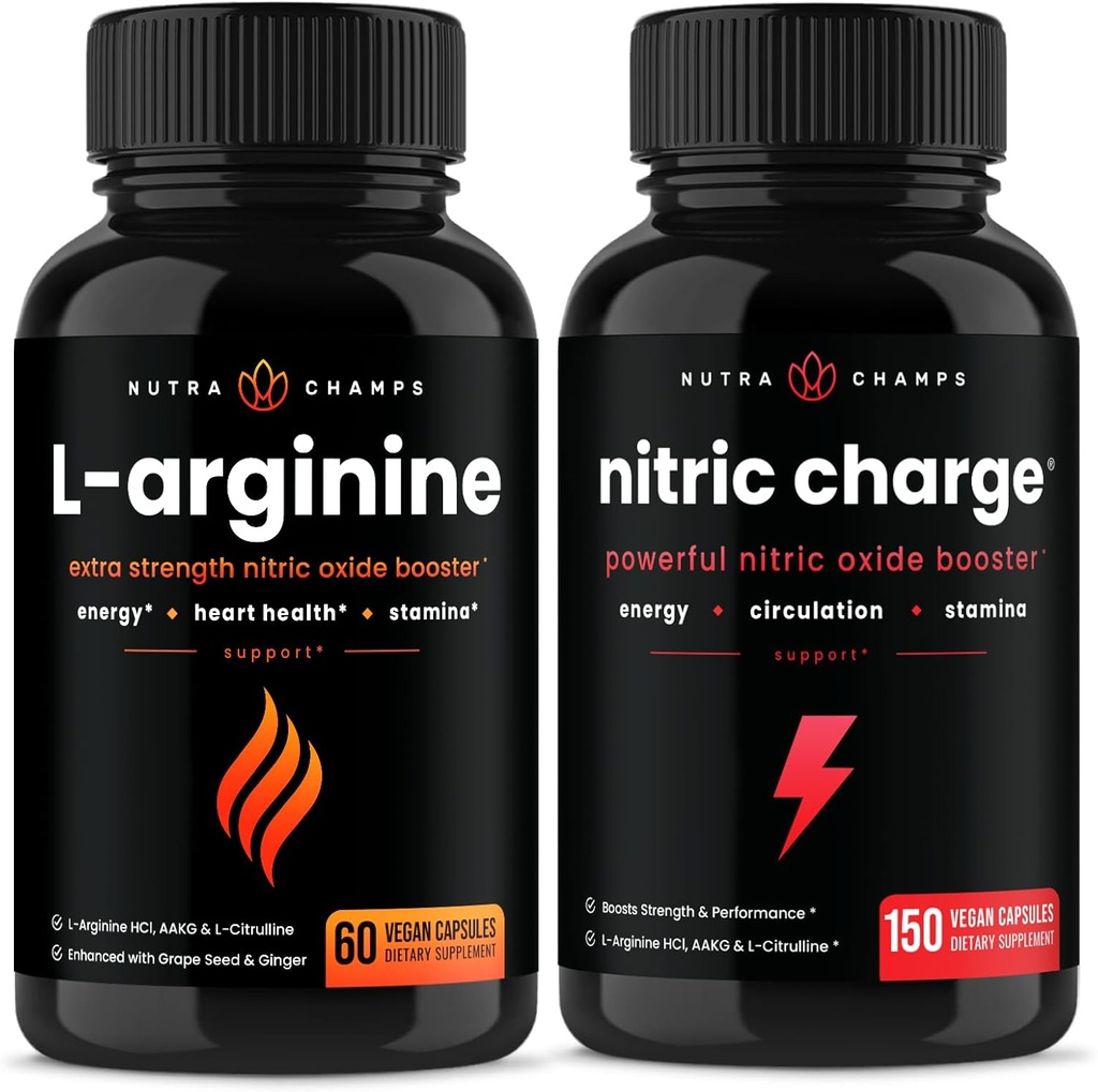 NutraChamps L-ArginineのカプセルおよびNitric充満カプセル2のパックの束