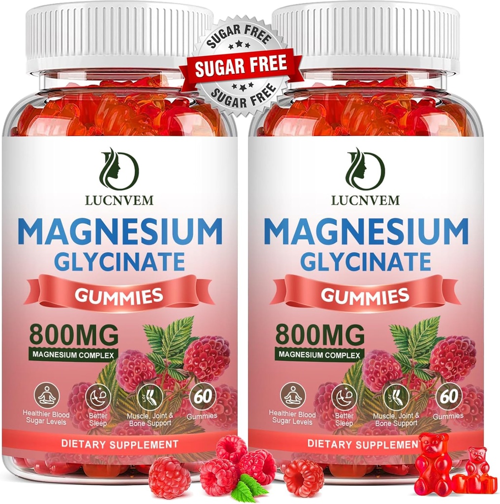 (2 Pack Sugar Free Magnesium Glycinate Gummies, 500mg Magnesium Glycinate with 200mg Magnesium Malate, Taurate, Oxide, COQ10, Vitamin B6 and D3, Sleep & Calm Support, 120 Raspberry Gummies