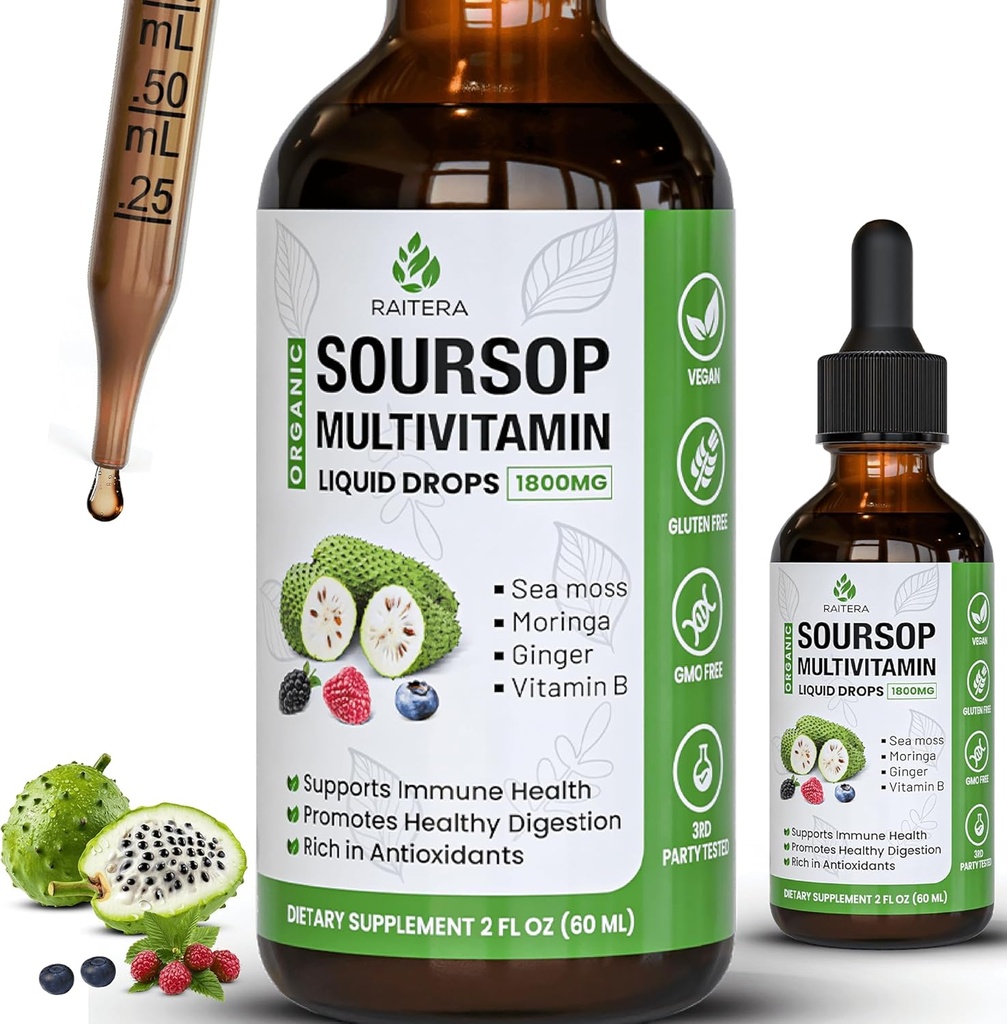 Soursop GraviolaのMultivitaminの液体は1800mg、有機Soursopのビター液体、酸化防止のブレンド海の苔、ビタミンB6、C、D3の純粋な葉のエキス、免除サポート、98%の吸収、ビーガン、2つのflのozを落とします