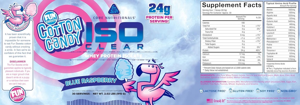 コア栄養物 Iso 明確な乳タンパク質 分離剤 | 低カロリー、炭水化物、脂肪 | 乳糖フリー&消化しやすい | 24g タンパク質、ゼロ砂糖 | 2ポンド (Fun Sweets Blue Raspberry)