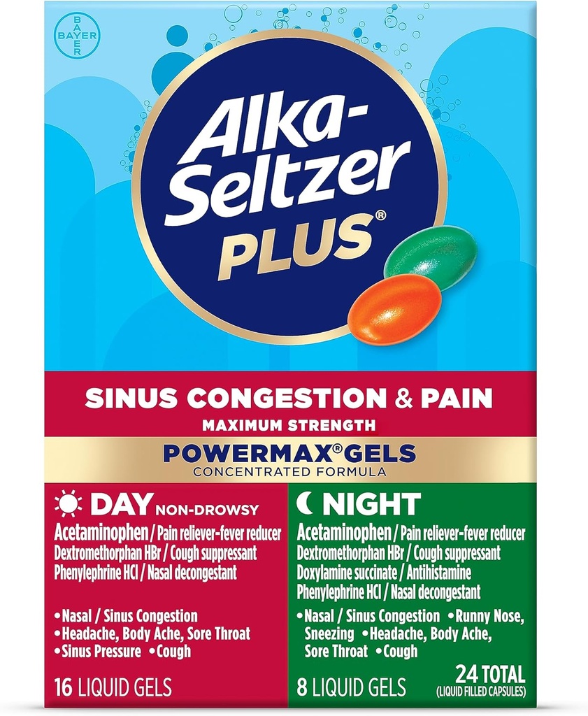 Alka-Seltzerプラス最大強度パワーマックスシノス輻輳&痛みの薬、日+夜液体ゲル - 風邪とインフルエンザのための強力な救済、大人と子供12 +のためのシノス輻輳 年, 24 カウント
