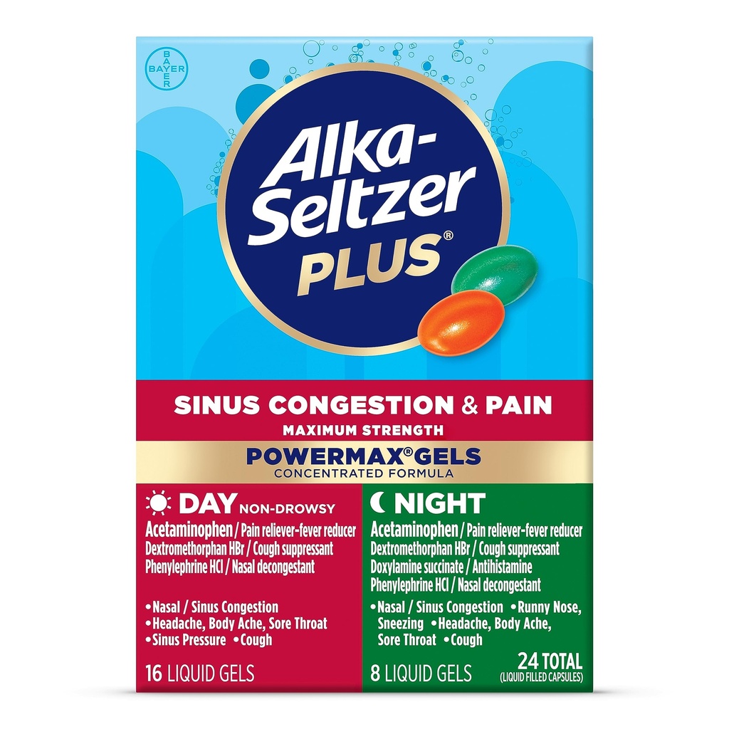 Alka-Seltzerプラス最大強度パワーマックスシノス輻輳&痛みの薬、日+夜液体ゲル - 風邪とインフルエンザのための強力な救済、大人と子供12 +のためのシノス輻輳 年, 24 カウント
