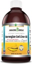 Amazing Omega Norwegian Cod Liver Oil 16 Oz 473 ml Supplement | Lemon Flavor | Extracted Under Strict Quality Standards from Around The Waters of Norway | Non-GMO | Gluten Free