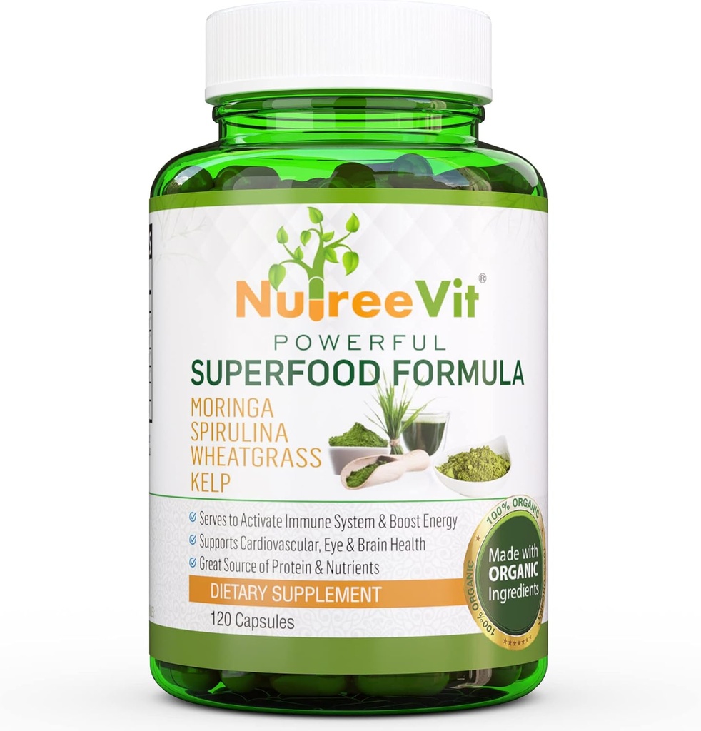 NutreeVit 100%オーガニック強力なスーパーフードフォーミュラ - Moringa、Spirulina、Wheatgras、およびKelp - 240カウントボトルと免疫システムブースターエネルギーピル