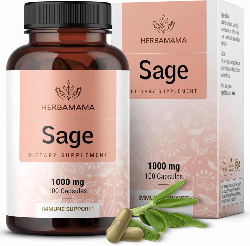 HERBAMAMA Sage Capsules - 1000mg Natural Digestive & Immune Support - Sage Leaves for Brain Clarity – Vegan, Non-GMO Salvia Officinalis Antioxidant Supplement