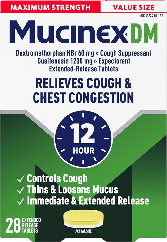 Mucinex の咳の抑制剤および Expectorant、DM の最高の強さ 12 時間タブレット、28ct、1200 の mg Guaifenesin、Chest の輻輳を取り除きます、ぬれたおよび乾燥した咳、# 医者は OTC の Expectorant を推薦しました