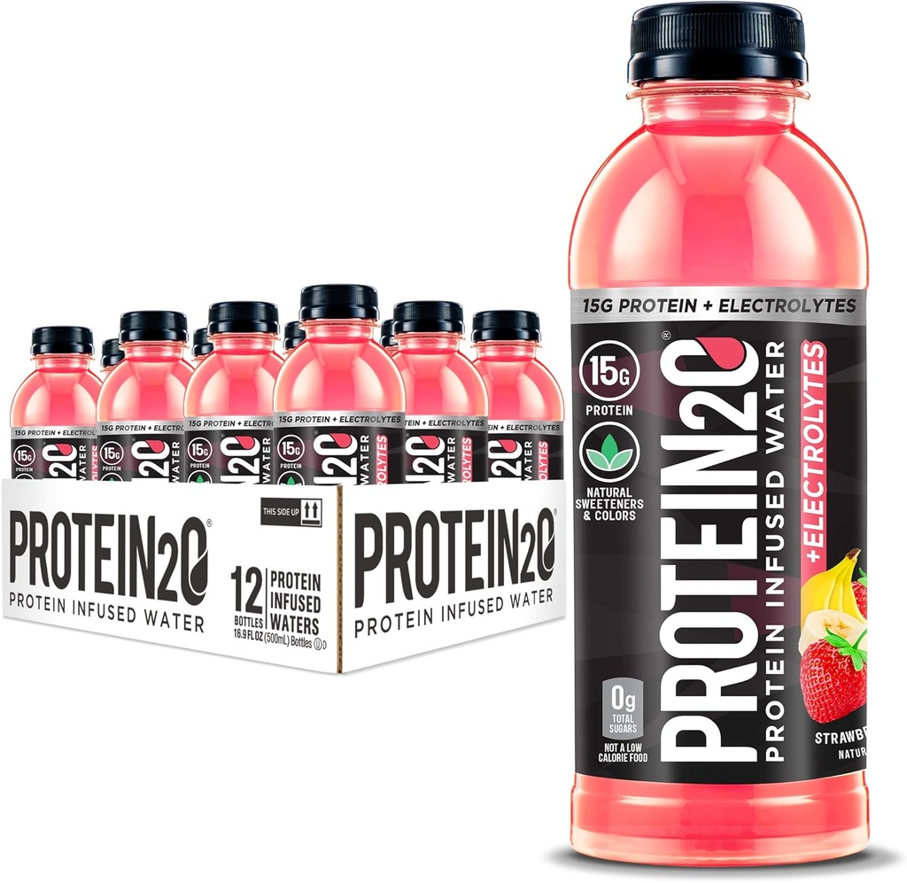 Protein2o + 電解液、低カロリープロテイン注入水、15g 乳液プロテイン分離液、イチゴバナナ、16.91 fl oz(12パック)
