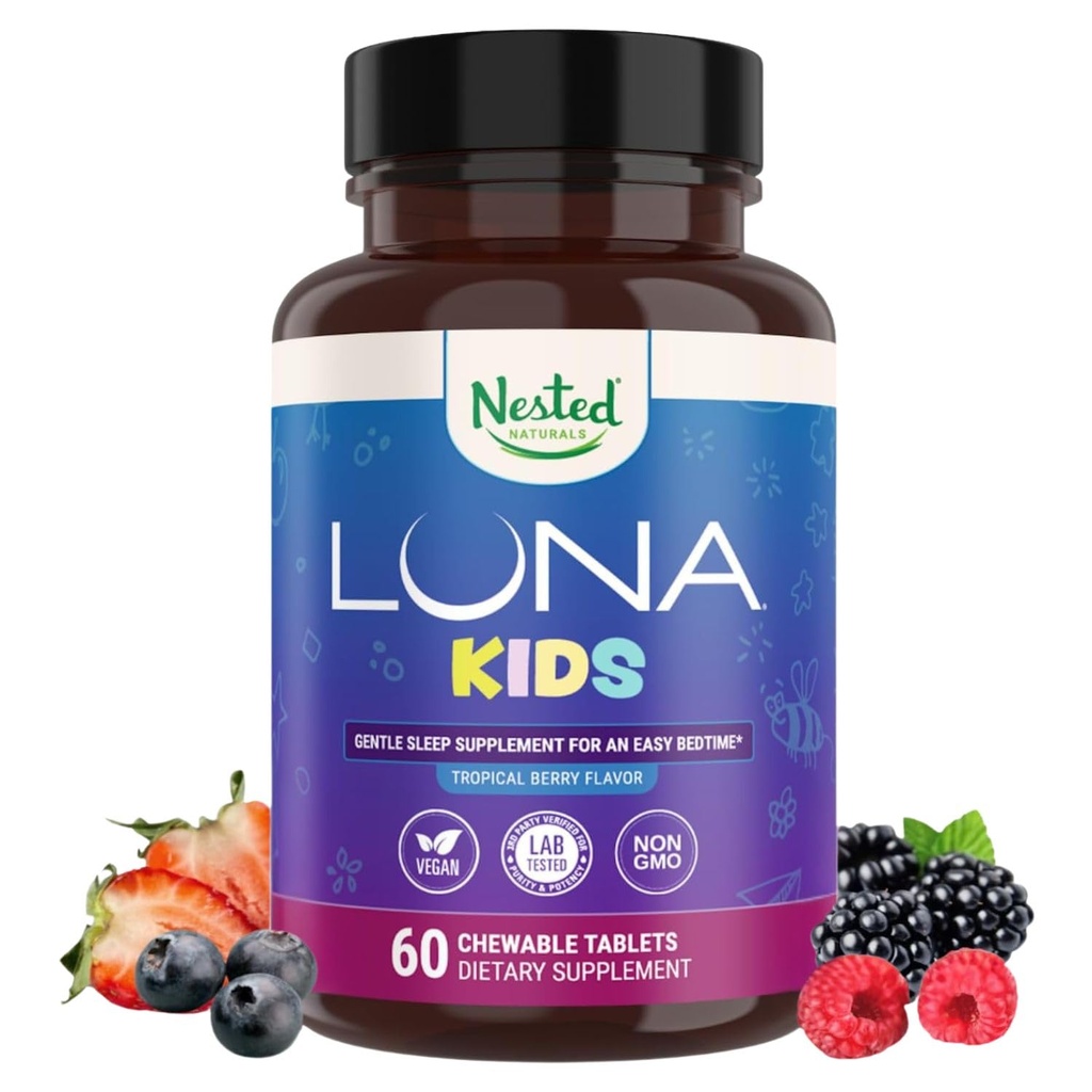 LUNA Kids | #1 子ども向け睡眠補助錠+ 敏感な大人向け | 天然由来成分 | 60 x 咀嚼可能な丸薬 | 群馬、メルトニン、バレリアン、レモンバーム