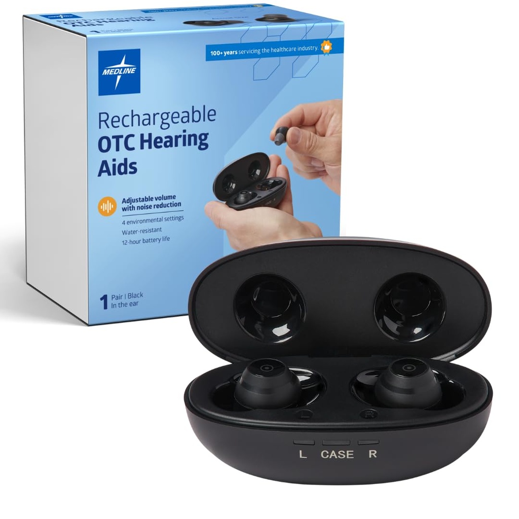 Medline 再充電可能な OTC の補聴器、黒い、内部-The-Ear の 4 環境設定、防水、調節可能な容積、流出の損失、騒音低減、イヤフォンの補聴器への穏やかな