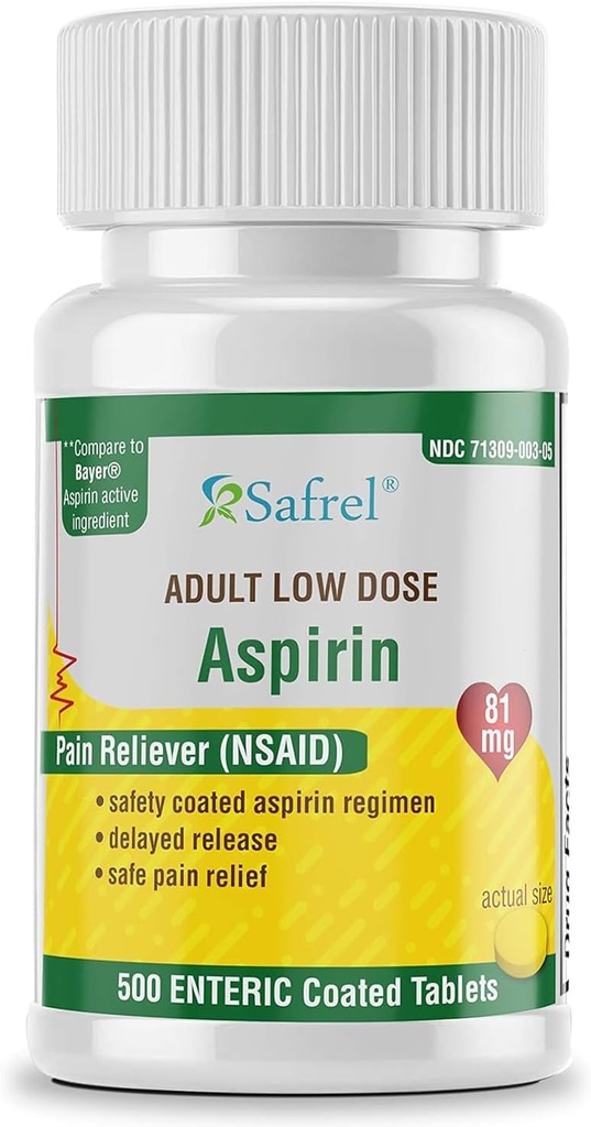 Safrel Generic Bayer Baby Aspirin 81 mg (500 腸コーティング錠) | マイナーエースの大人の低い線量の強さの安全な痛みのレバー(NSAID) | 値パック
