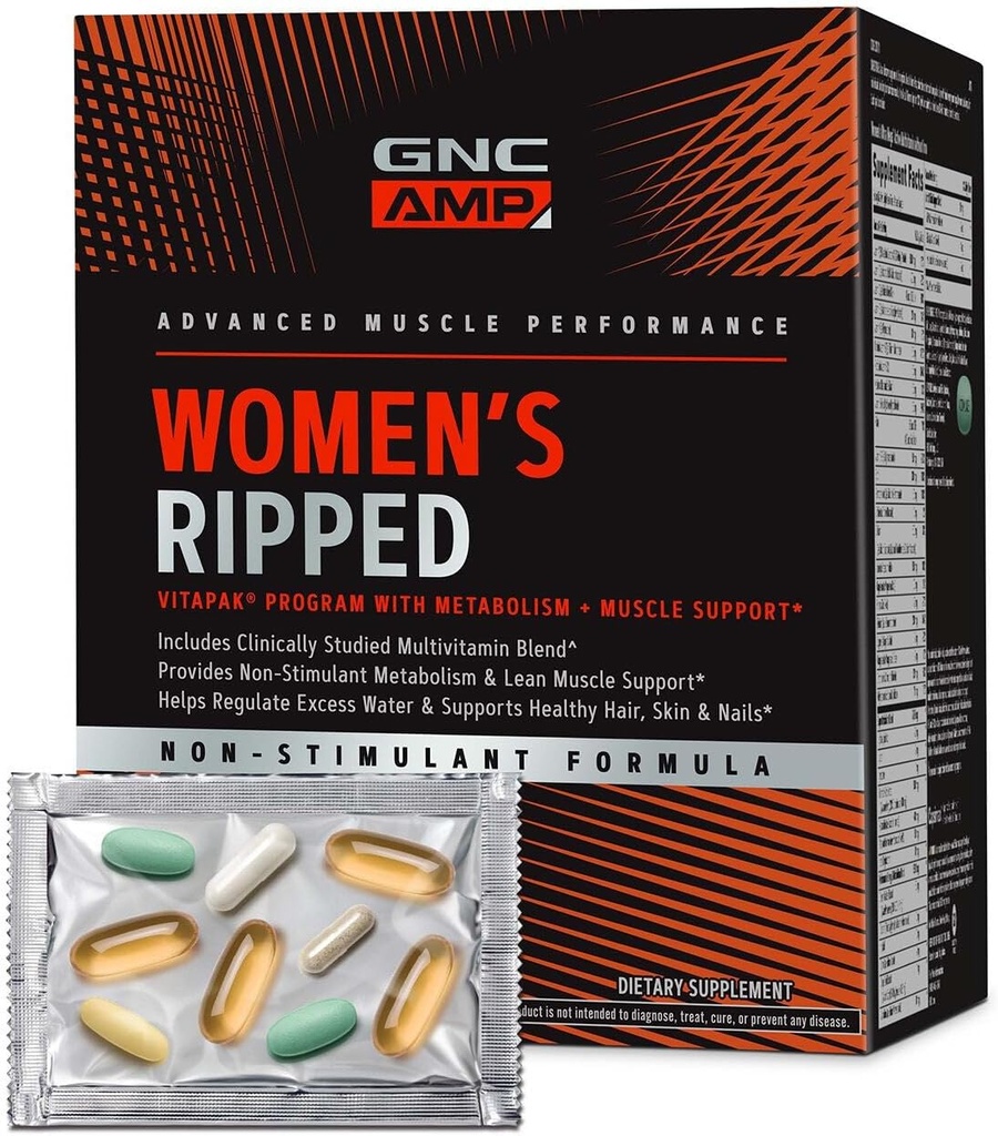 GNC AMP の女性の浸された非刺激的な Vitapak プログラム、1 つのビタミンのパック、Metabolism 及び Lean 筋肉の 5 つのプロダクト、水取除く原料、CLA、Biotin、Multivitamin のカフェイン 自由、30 日の供給