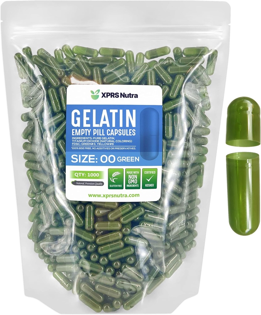 XPRSのNutraのサイズ00の空のカプセル- 1000の計算の空のゼラチンのカプセル-Pills DIYのカプセルの詰物-Do-It-Yourselfの補足のための満たされた丸薬のゲルの帽子(緑)