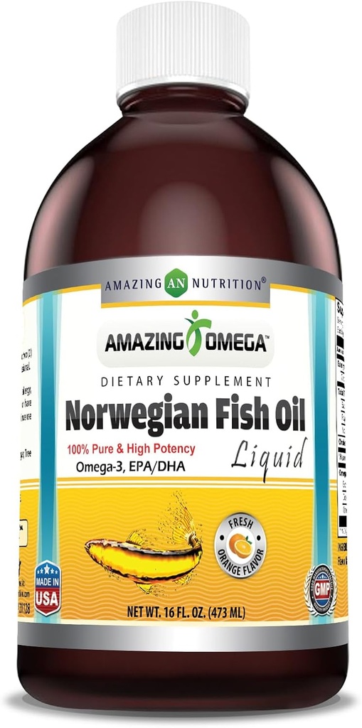 アメイジングオメガノルウェー産魚油 16 Oz サプリメント | 1625mg オメガ-3s、DHA、EPA per サービング | フレッシュオレンジ風味 | GMO | グルテンフリー