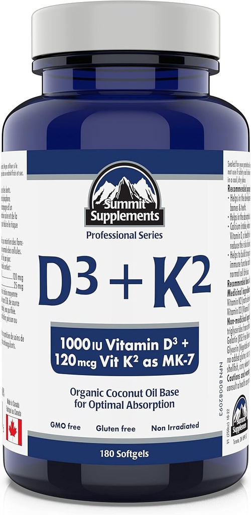 サミットサプリメント - ビタミンD3 K2、180 Softgels - 健康な骨、歯および筋肉を維持するのに役立ちます - 全身カルシウム吸収をサポートし、骨折のリスクを軽減