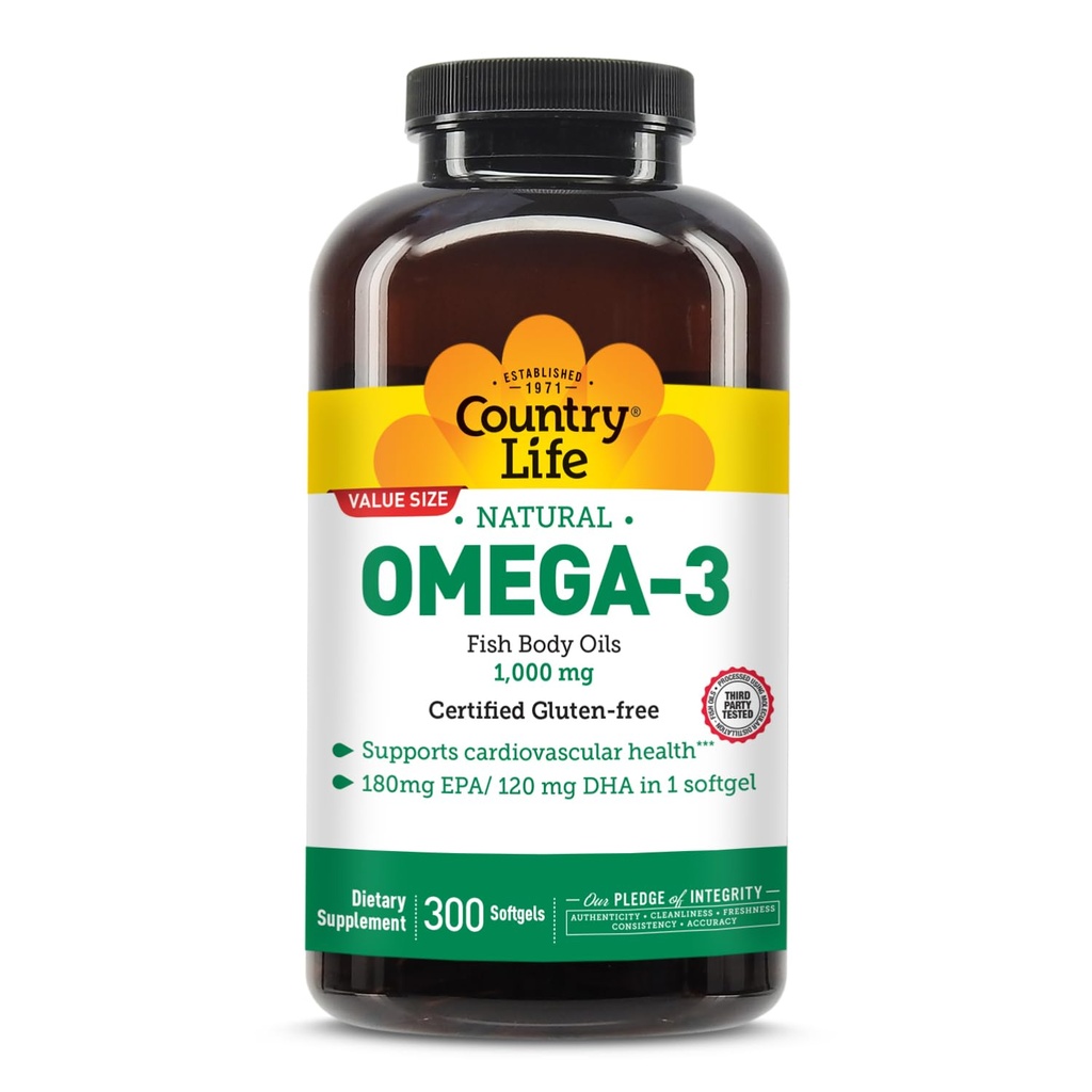 カントリーライフオメガ-3フィッシュオイルサプリメント、1000mg、180mg EPA&120mg DHA、フィッシュオイルコンセントレート、バープレス、300ソフトジェル、認定グルテンフリー