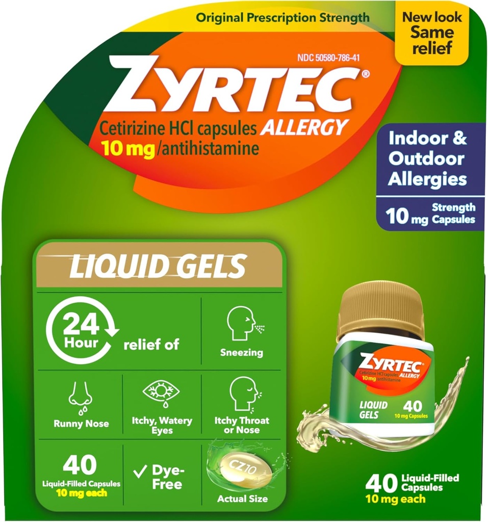 Zyrtec 24 時間アレルギー救済液ゲル、Cetirizine HClアレルギー薬による抗ヒスタミンカプセル、Ranny Nose、Sneezing、Itchy Eyes、40 カウント