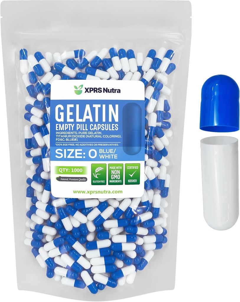 XPRSのNutraのサイズ0の空のカプセル- 1000の計算の空のゼラチンのカプセル-Pills DIYのカプセルの詰物-Do-It-Yourselfの補足のための純粋な牛の丸薬のゲルの帽子(青/白)