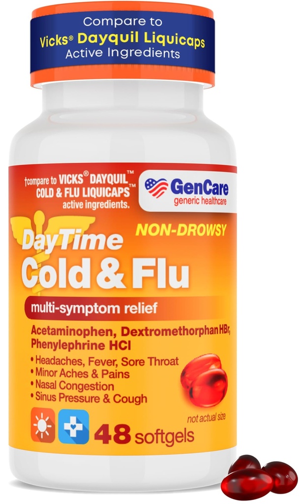 GenCare - 複数のSymptomの非眠気の昼間の風邪及びFluの救助のアセトアミノフェン325mg、Dextromethorphan HBr 10mgのPhenylephrine HCl 5mg (48 Softgels)苦痛のReliever及び鼻のDecongestantを形作る非習慣