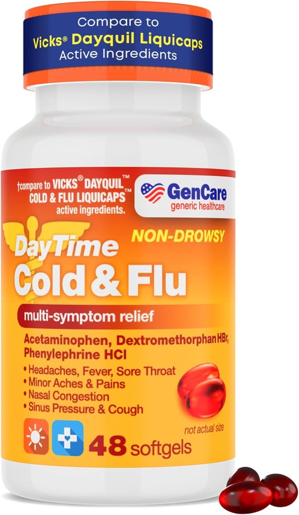 GenCare - 複数のSymptomの非眠気の昼間の風邪及びFluの救助のアセトアミノフェン325mg、Dextromethorphan HBr 10mgのPhenylephrine HCl 5mg (48 Softgels)苦痛のReliever及び鼻のDecongestantを形作る非習慣