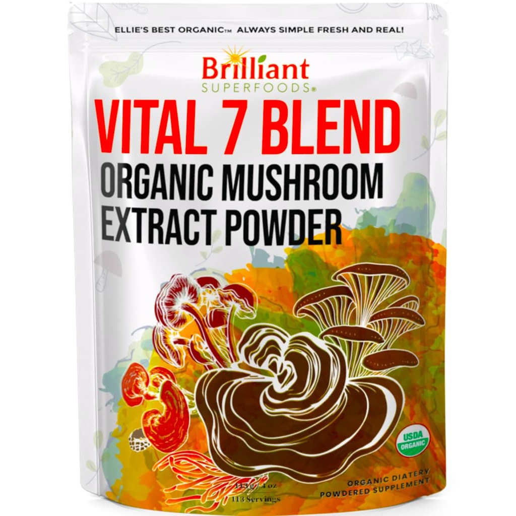 Ellieのベスト7のきのこの粉のエキスのブレンドの補足の有機性114のサービングの高い効力の倍はCordyceps、Reishi、トルコの尾、Chaga、ライオンのマニー- 4ozを抽出しました