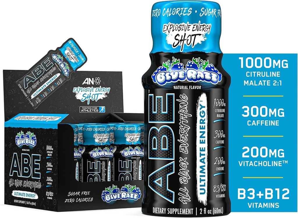 All Black Everything Energy Shots | 12 Pack | 300mg Caffeine | Blue Razz | Zero Sugar | Energy Focus Supplement | Nootropic Blend for Gym or Work