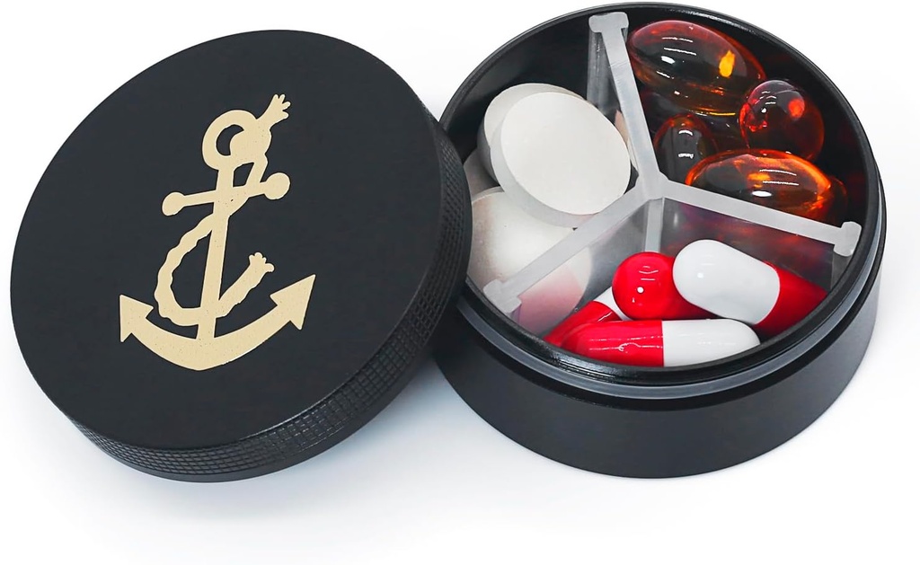 小さい丸薬の箱3のコンパートメント、金属の円形の携帯用丸薬箱、防水旅行丸薬のオルガナイザー、ポケット財布の薬のビタミンのホールダーEDCの容器(アンカーが付いている黒)