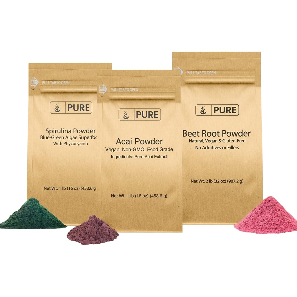PURE ORIGINAL INGREDIENTSビートルート、スピルリナ、およびアサイパウダーバンドル、さまざまなサイズ、非GMO、ハーブサプリメント