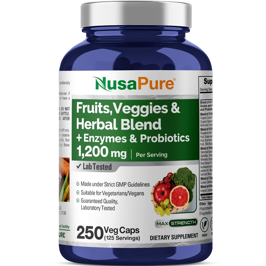 NusaPure 43 果物と野菜ハーブブレンド, 11 酵素 & プロバイオティクス, 1200 mg, 250 Veggie カプセル (非GMO, ビーガン)