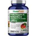NusaPure 43 果物と野菜ハーブブレンド, 11 酵素 & プロバイオティクス, 1200 mg, 250 Veggie カプセル (非GMO, ビーガン)