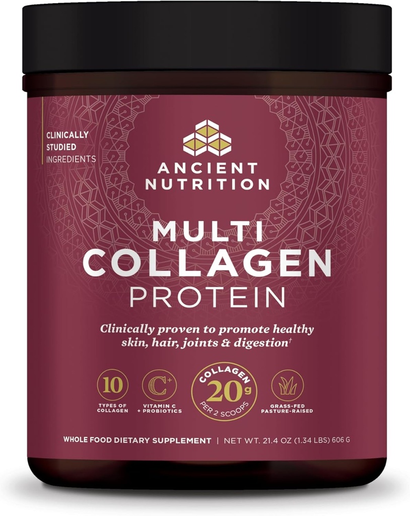 Ancient Nutrition Collagen Peptides Powder, Multi Collagen Protein, Women & Men, Vitamin C, Probiotics, Hydrolyzed Collagen, Supports Skin, Joints, Gut Health, Unflavored, 60 Servings