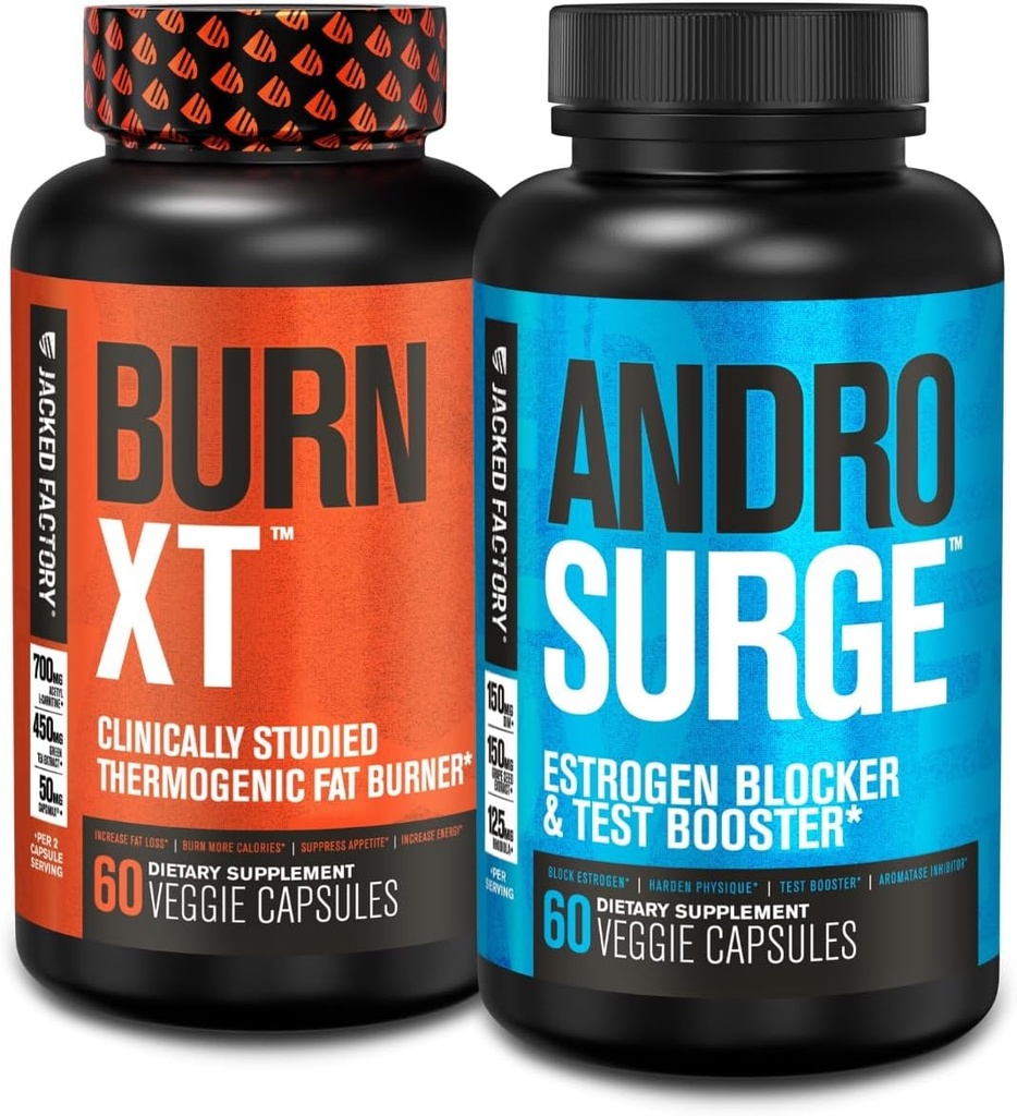 Jacked Factory Burn-XT Thermogenic Fat Burner - Appetite Suppressant for Weight Loss & Androsurge Estrogen Blocker for Men - Testosterone Booster