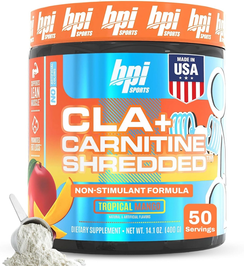 BPI スポーツ CLA + カルニチン シュレッダー - エネルギーとサポートに脂肪細胞 リーン 筋肉、ブースト メタボリズム - 非興奮剤 L カルニチン サプリメント - トロピカル マンゴー (14.1 oz。 / 50 サービング)