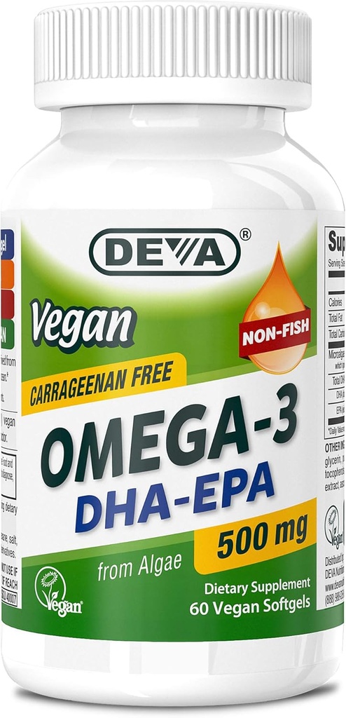 デバー ビーガンオメガ3 DHA-EPA 500MG - アラガエ、非GMO、60ゼラチンフリーソフトゲルから派生しない、カラギーナンなし