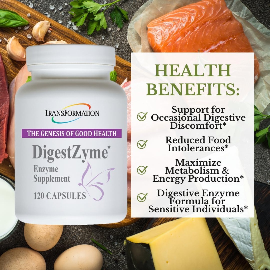 TRANSFORMATION THE GENESIS OF GOOD HEALTH Enzymes Natural DigestZyme Supplement Formula for Overall Health for Children, Nutrient Absorption, Support Digestion During Pregnancy & Lactation, 120
