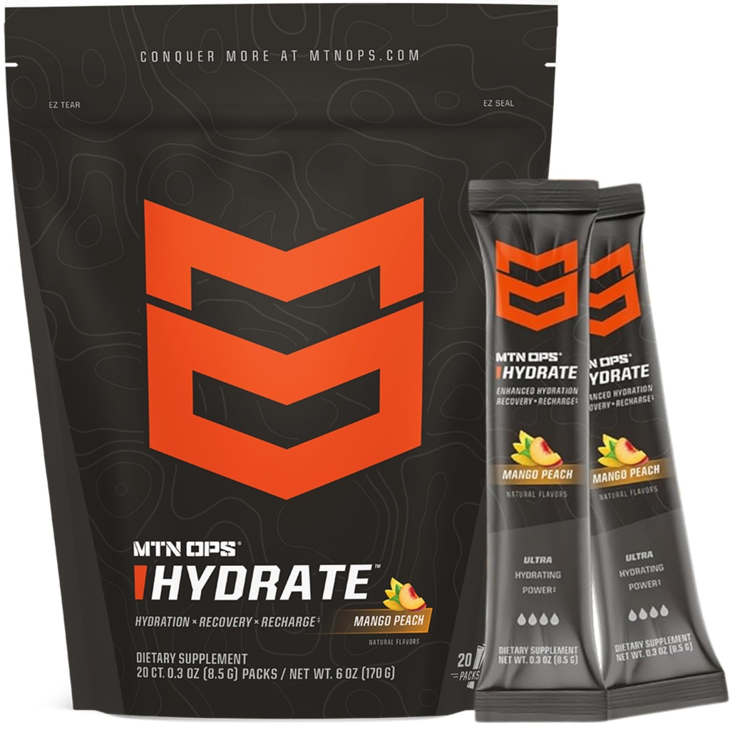 MTN OPS の Hydrate の Electrolytes の粉の飲み物の組合せ、20 の単一のサービングのオンザ・ゴーの電解質パックは 1 回のサービングあたりの電解質の 1000mg に、マンゴのピーチを過します