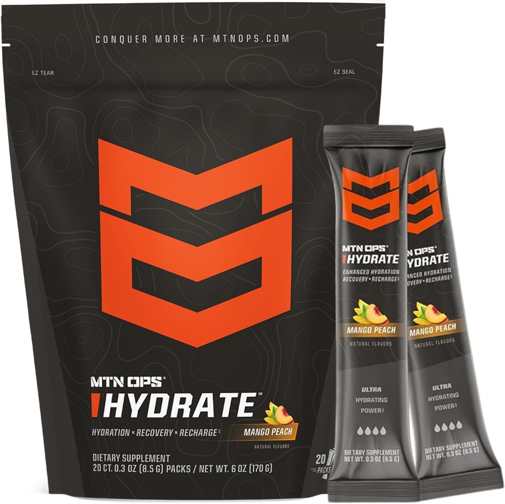 MTN OPS の Hydrate の Electrolytes の粉の飲み物の組合せ、20 の単一のサービングのオンザ・ゴーの電解質パックは 1 回のサービングあたりの電解質の 1000mg に、マンゴのピーチを過します
