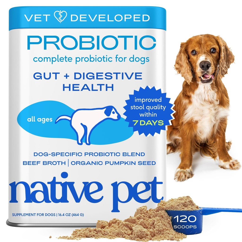 犬のためのネイティブペットプロバイオティクス - 消化器の健康、ガットサポート、および免疫ブーストのための犬のプロバイオティクスパウダー - 消化酵素とプレバイオティクスの最大の効力のためのVet-Formulatedパウダー - 120 Scoops