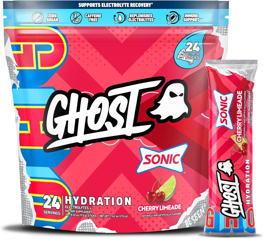 GHOST Hydration パケット, ソニック チェリー リメード, 24 スティック, 電解質粉末 - ドリンク ミックス サプリメント マグネシウム, カリウム, ビタミン C - ビーガンフレンドリー, 大豆の無料, 砂糖 & グルテンフリー