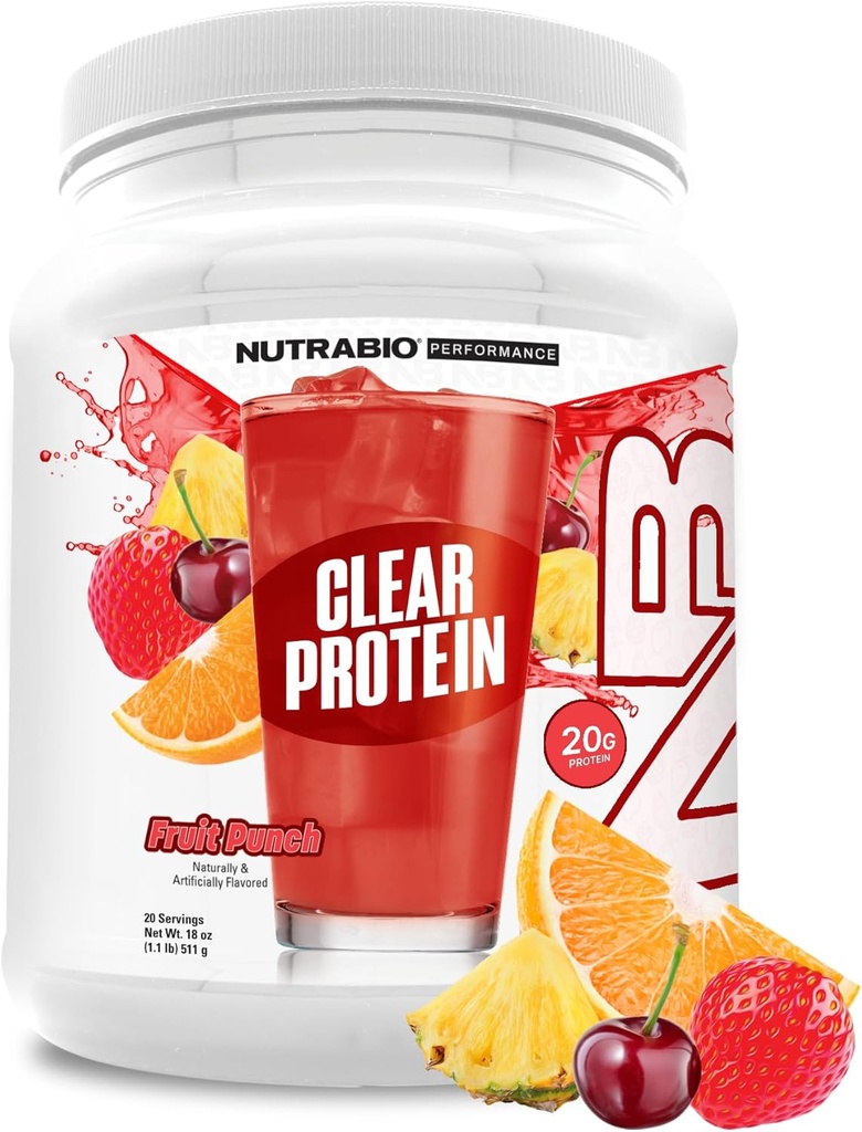 NutraBio Clear Protein Powder, Fruit Punch - 20 Servings, 20g Clear Whey Protein Isolate, 0 Sugar, 0g Lactose, Refreshing Fruit Flavors, GLP1 Support - Bone Health - Muscle Post Workout Recovery