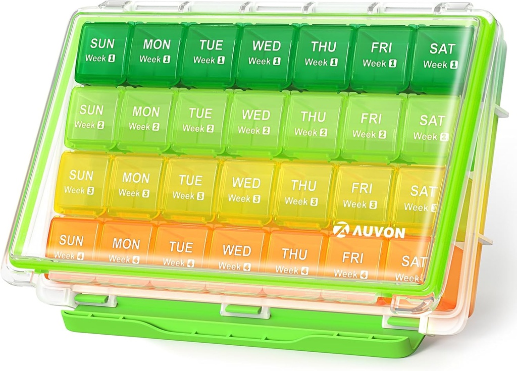 AUVON 月間ピル オルガナイザー、取り外し可能な 4 週間の薬用オーガナイザーの列、魚油、ビタミン、サプリメント、薬を貯えるために旅行フレンドリー