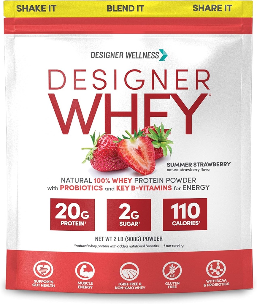 Designer Wellness, Designer Whey, Natural Whey Protein Powder with Probiotics, Fiber, and Key B-Vitamins for Energy, Gluten-Free, Summer Strawberry, 2 lb