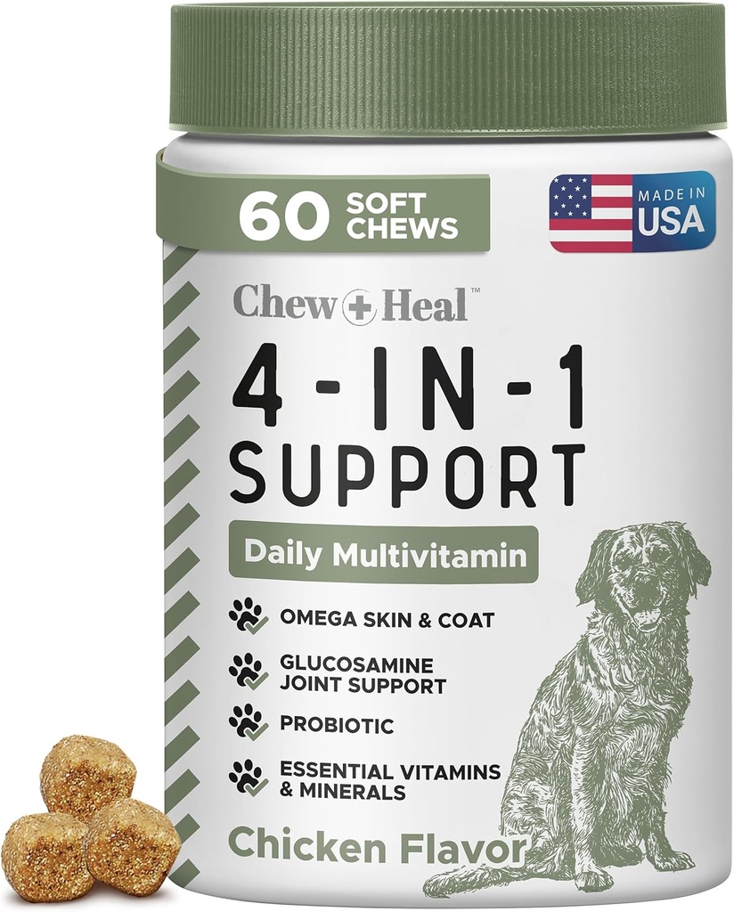 All in 1 Dog Vitamins and Supplements, 60 Soft Chew Multivitamins with Glucosamine, Probiotics, Omega Fish Oil -for Skin, Coat, Hip, Joint & Gut Health -Senior, Puppy, Large & Small Dogs