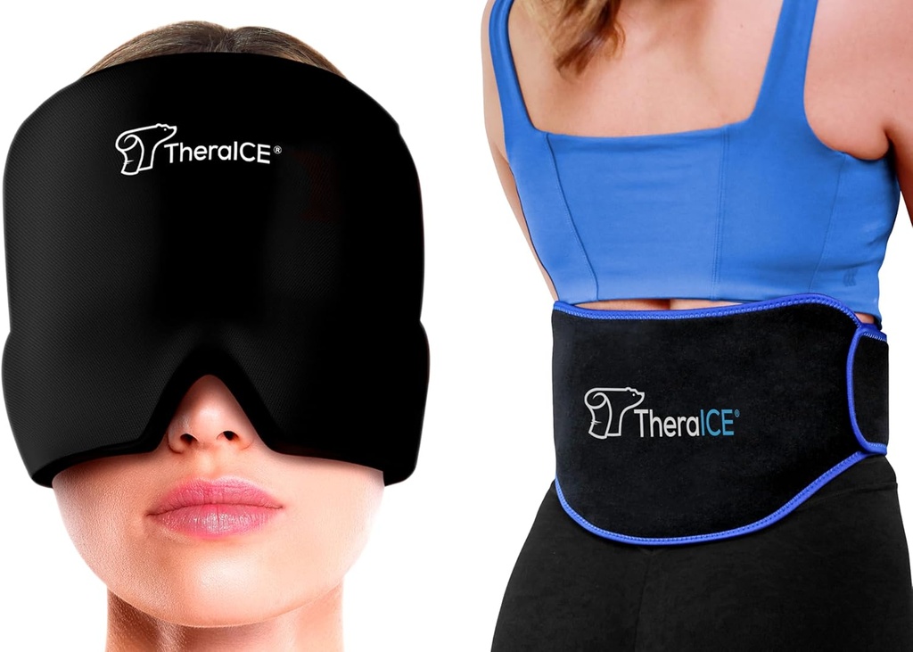 Theraice Migraineの救助の帽子およびTheraiceのアイスパックは腰痛のための支柱を支持します