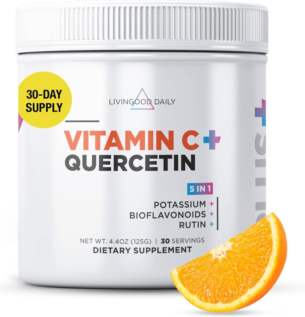 Livingoodの毎日の高い線量のビタミンCの粉の補足、2,600のMGのアスコルビン酸の粉は免除及び皮の健康、ケルセチンが付いている粉にされたビタミンCを、ステビアと甘くしました、ビーガン、30のサービングを支えます