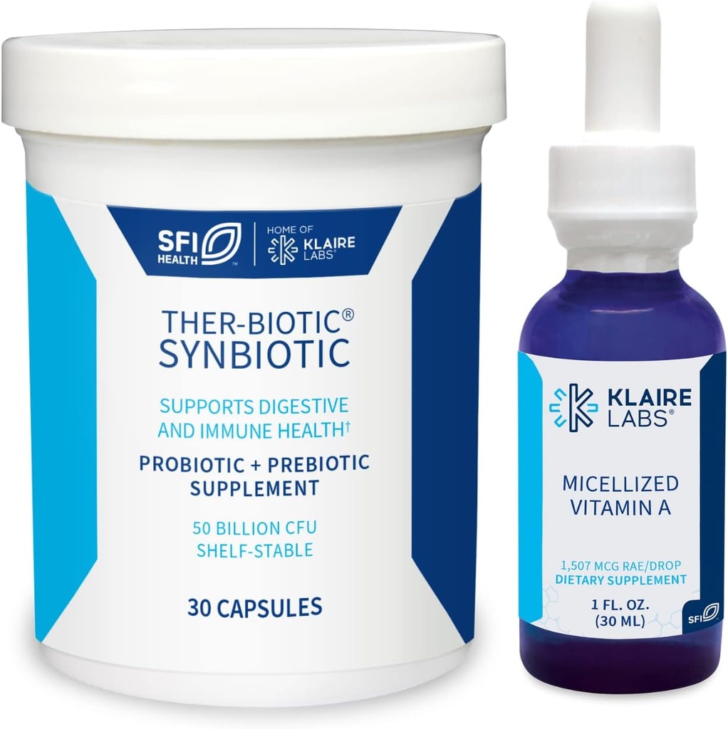 Klaire Labs Ther-Biotic Synbiotic Probiotic(30カプセル) & Micellized Vitamin A Liquid(1oz / 600サービング) 5000 IUバンドル - 消化の健康と免疫サポート - Hypoallergenic 2製品セット