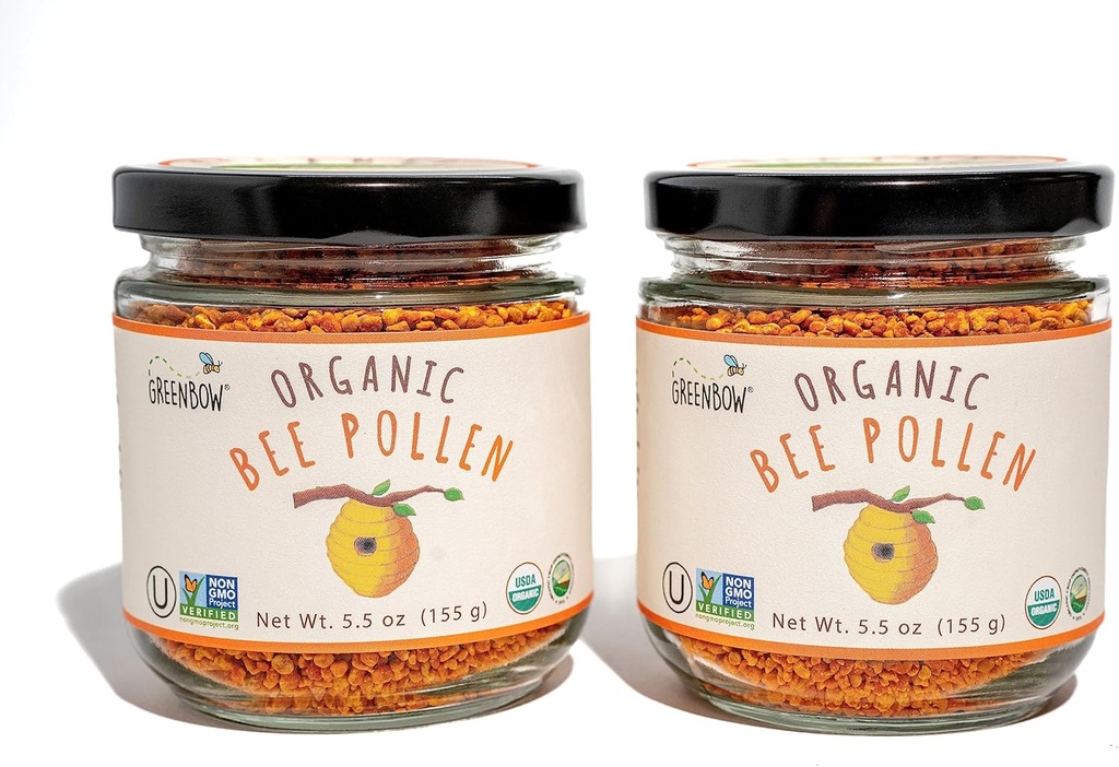 Greenbow Organic Bee Pollen - 100% USDA認定オーガニック、非GMO、ピュア、ナチュラルビーポーレン - タンパク質、ビタミン、ミネラルを詰めたスーパーフード - コーシャ認定、グルテンフリー-155g x 2ジャー
