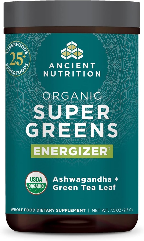 Ancient Nutrition Organic SuperGreens Energizer Powder with Probiotics and B12, Made from Real Fruits, Vegetables and Herbs, for Digestive, Detoxification and Energy Support, 25 Servings