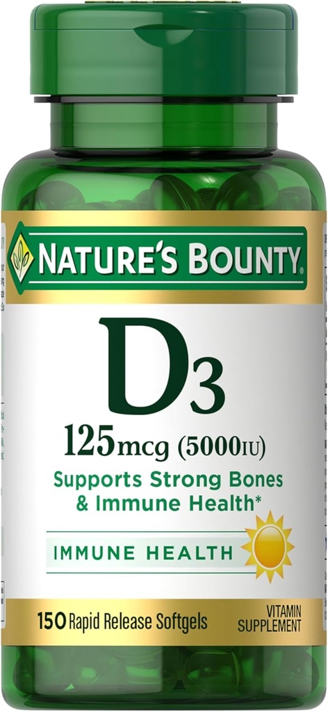 Nature's Bounty Vitamin D3 5000 IU Softgels, Rapid Release, Immune Support, Vitamin D Supplements, 150 Ct