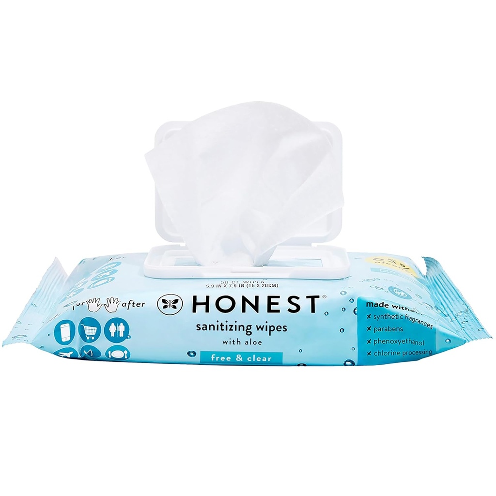 The Honest Company Fragrance Free Sanitizing Alcohol Wipes | Antibacterial + Safe for Hands | Kills 99% of Germs, Made With Aloe | 50 Count (1 Pack)