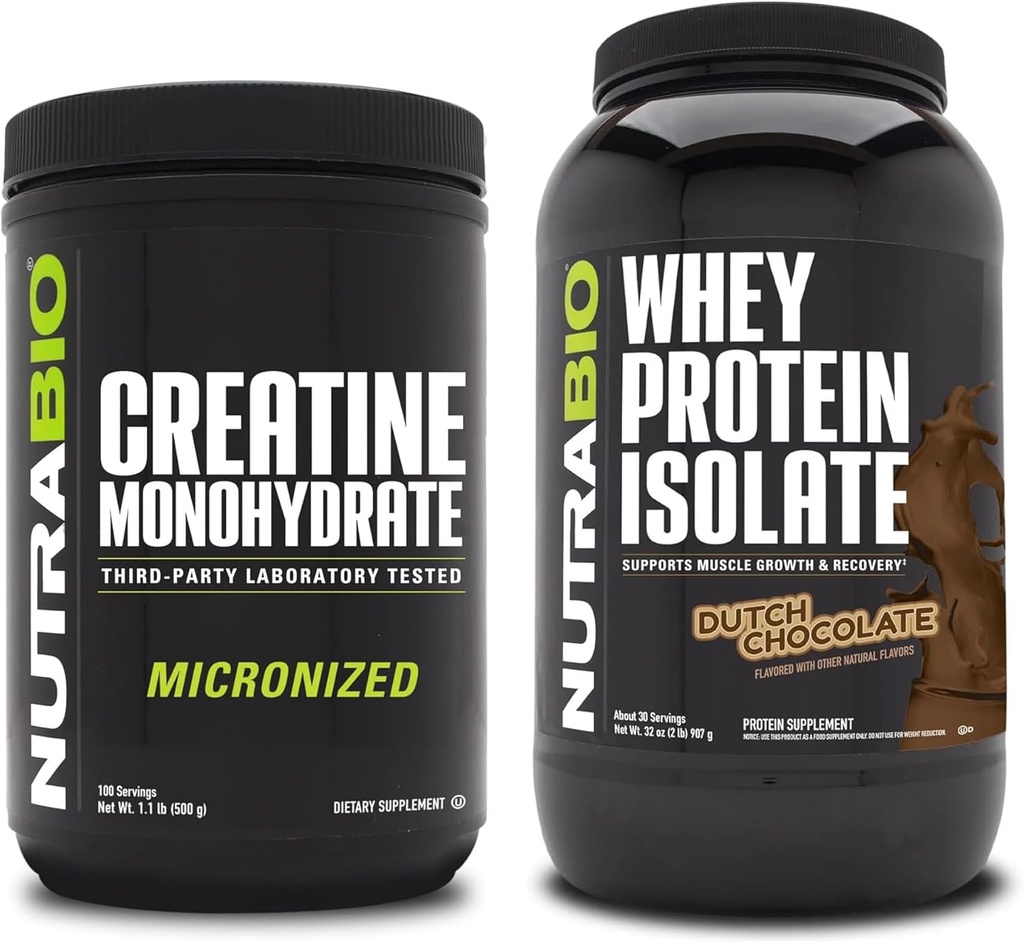 NutraBio Creatine Monohydrate, Unflavored, 500g and Whey Protein Isolate, Dutch Chocolate, Supplement Bundle - Muscle Energy, Lean Muscle Growth, Recovery, and Strength